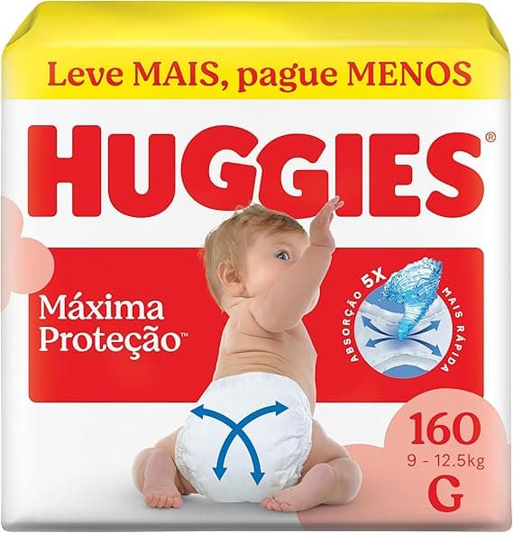 Fralda Descartável Huggies Máxima Proteção Tamanho G 160 unidades – aberta com tecnologia Xtra-Flex, canais em X que se adaptam aos movimentos e máxima proteção